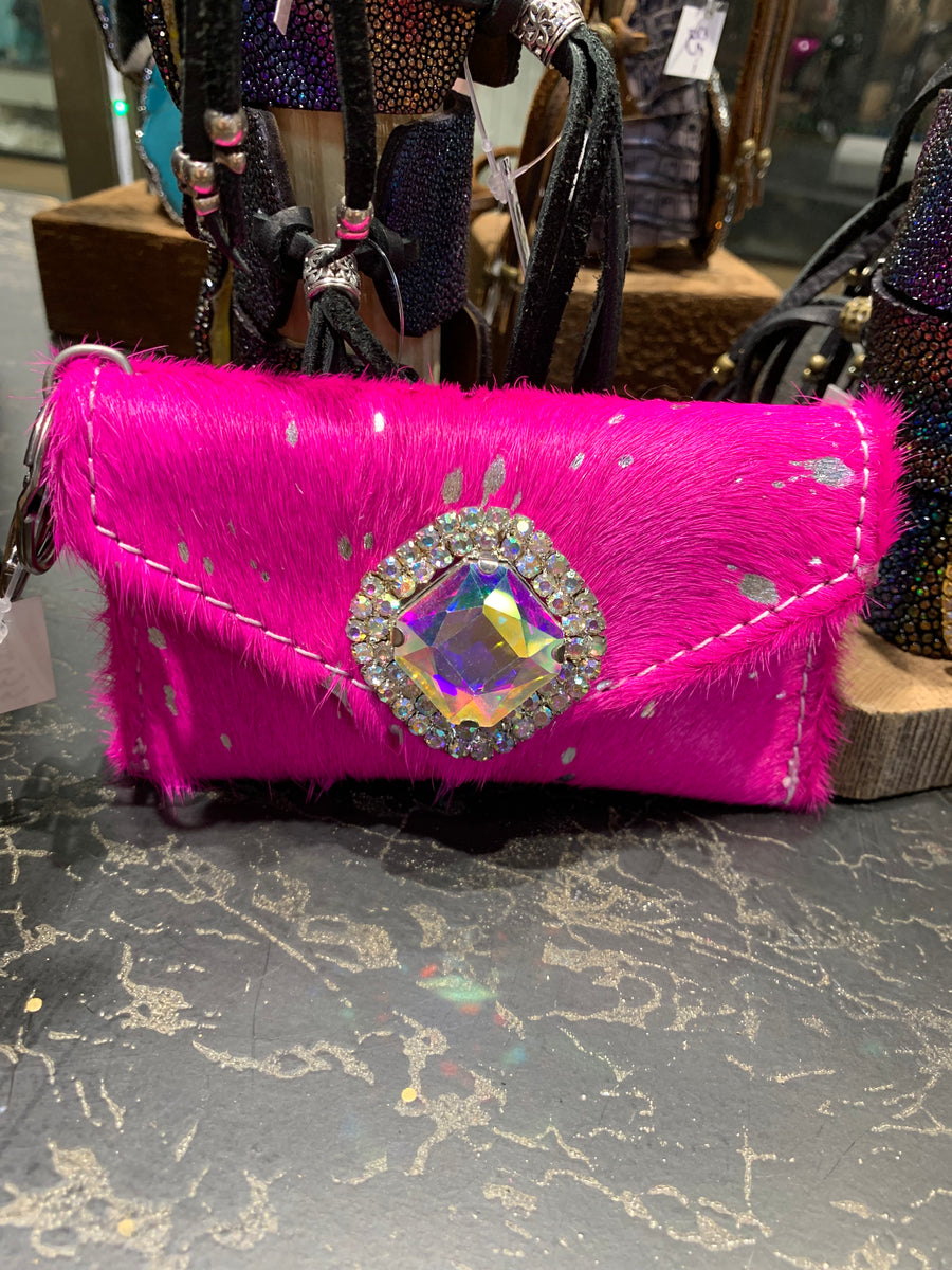 Candace Metallic Cowhide AB Clip/Key Cardholder/Wallet Hot Pink