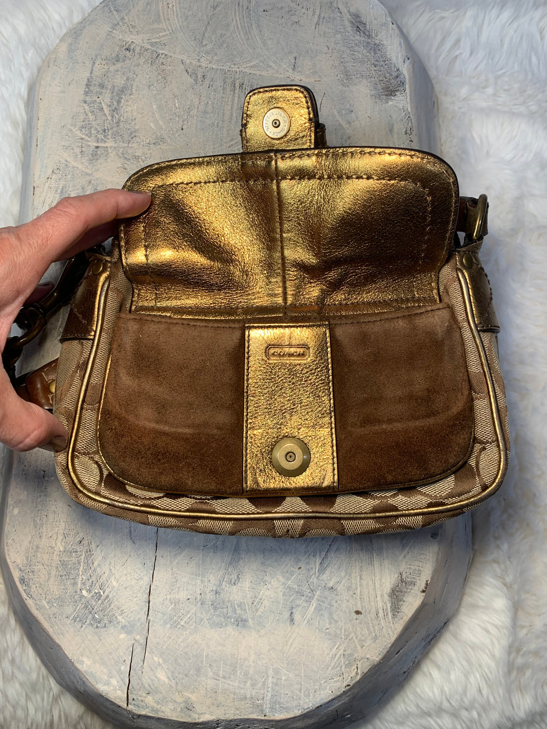 バッグ Vintage coach large bronze signature Rare Coach Signature C Metallic Canvas / Lurex Leather Bronze