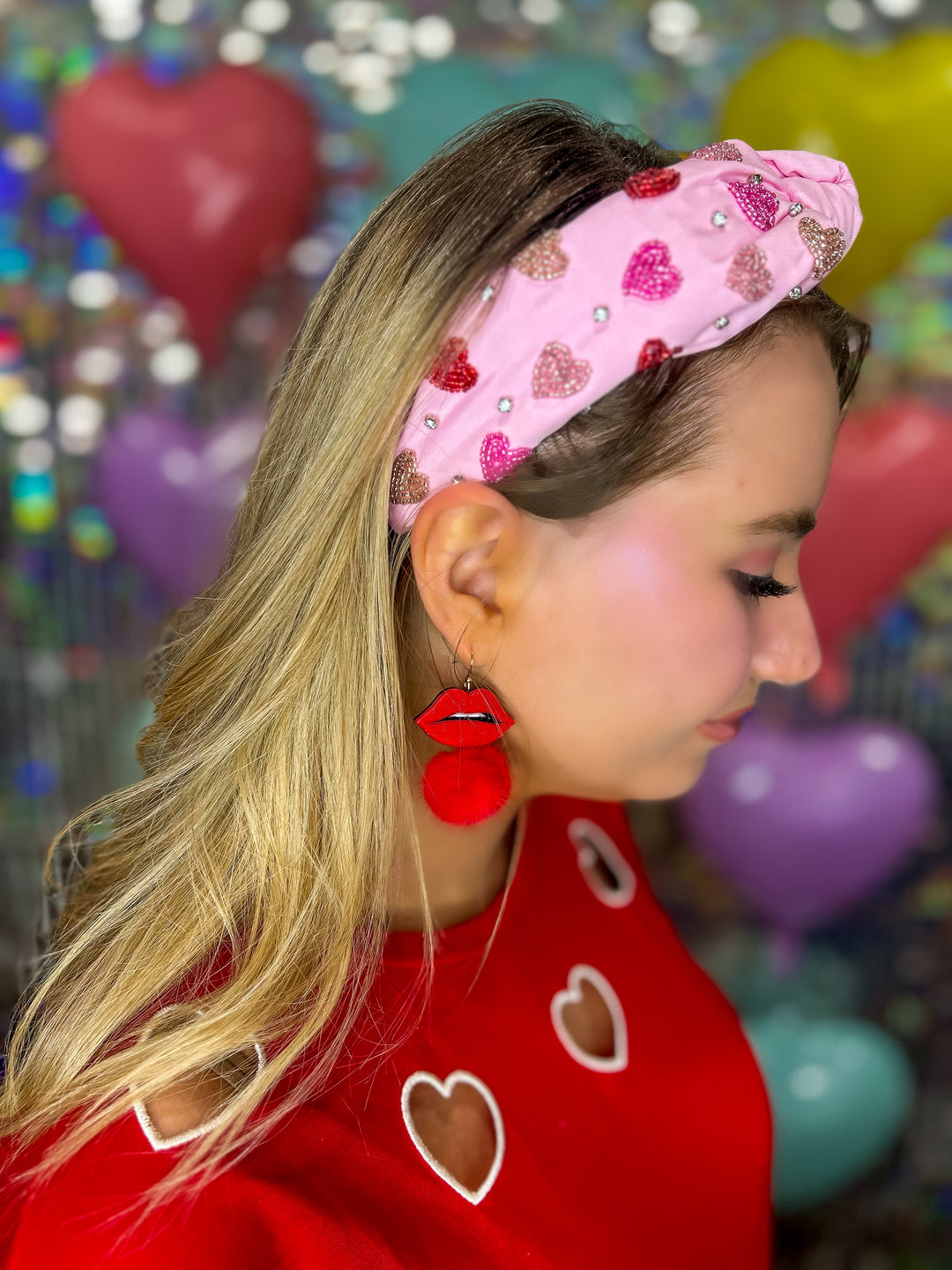 Happy Heart Bead Heart Jeweled Knot Headband - Pink – Style  display picture 3