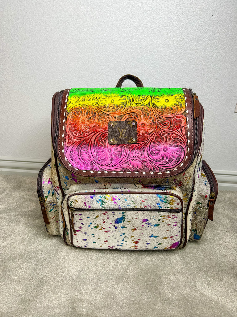 Dusty L Upcycled Acid Wash Rainbow Cowhide Leather Backpack
