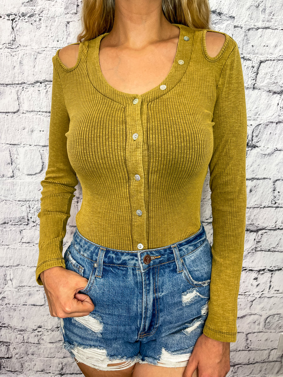 Kingsley Button Up Cut Out Detail Bodysuit - Warm Olive – Style Babes