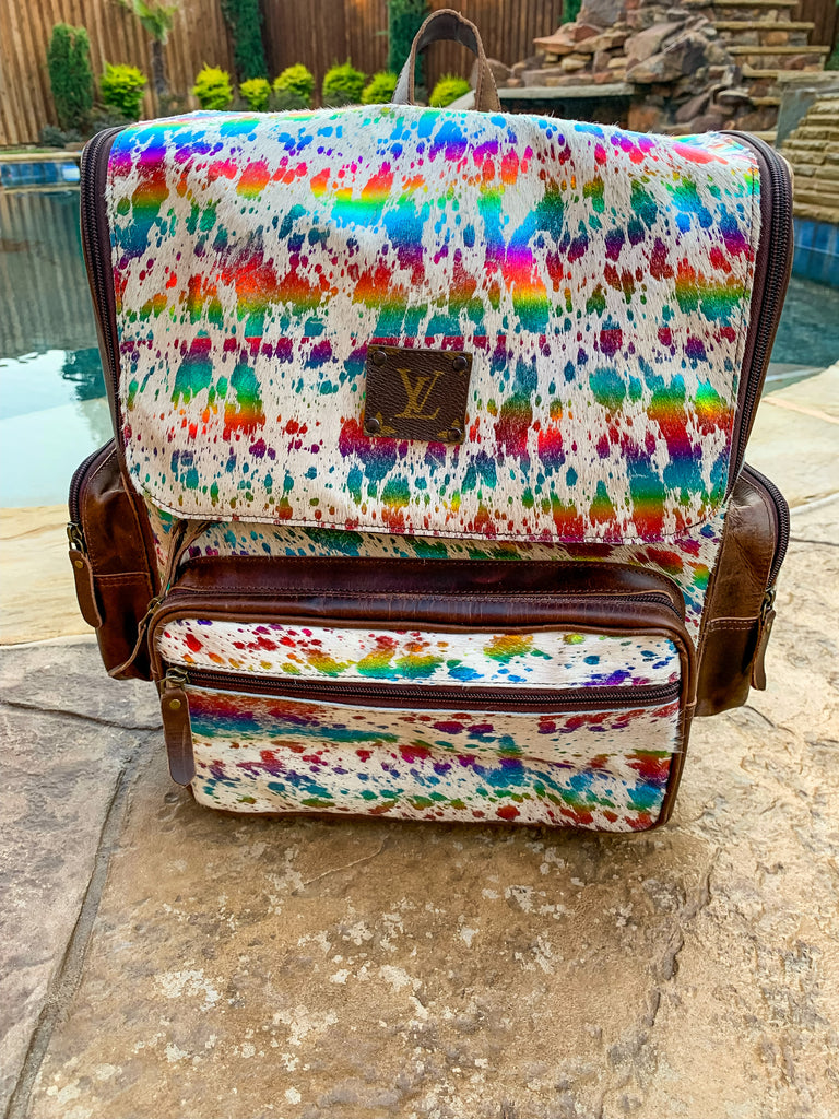 Dusty L Upcycled Acid Wash Rainbow Cowhide Leather Backpack