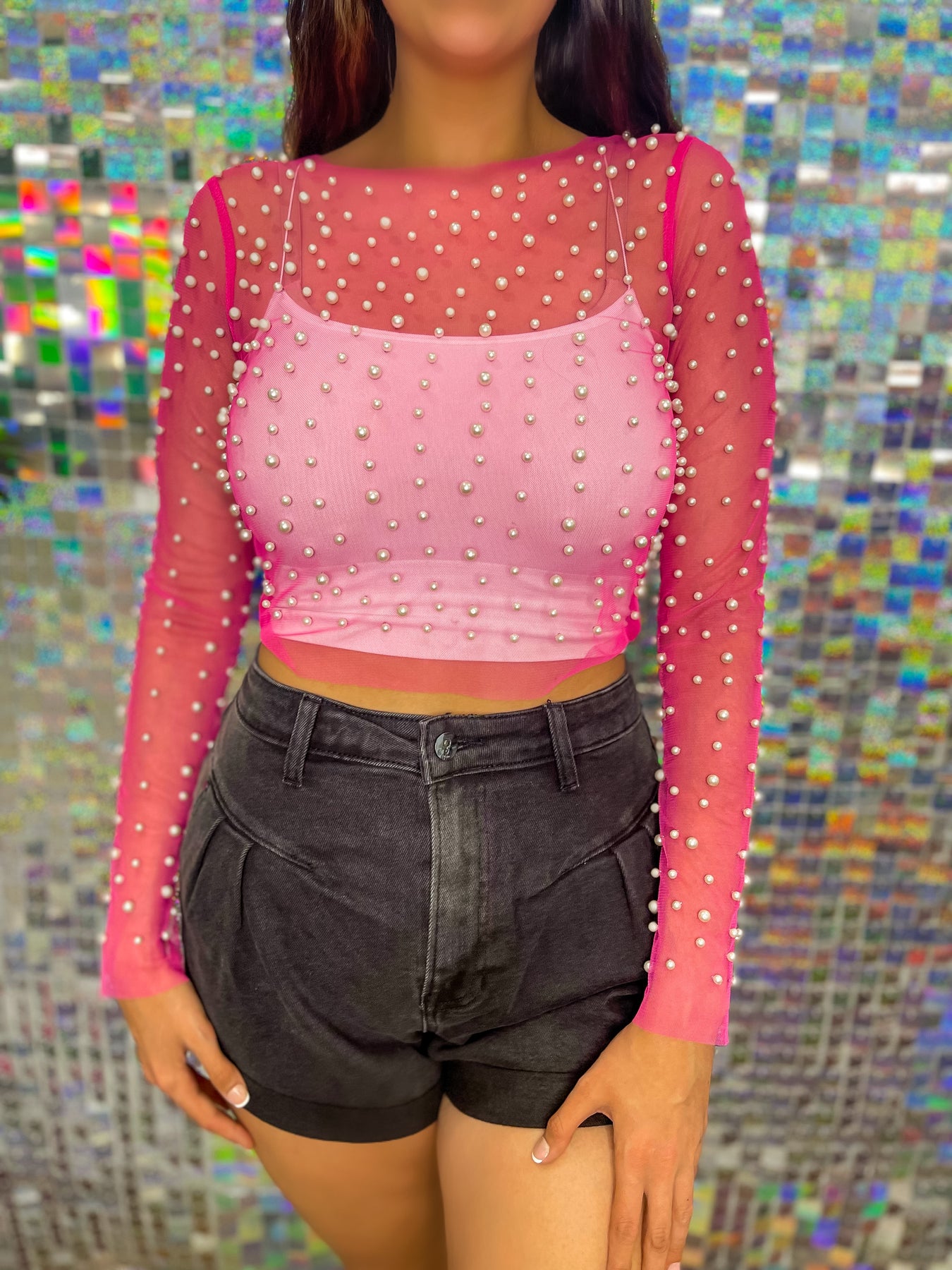 Fabulous & Flawless Rhinestone Pearl Mesh Crop Top (Pink)