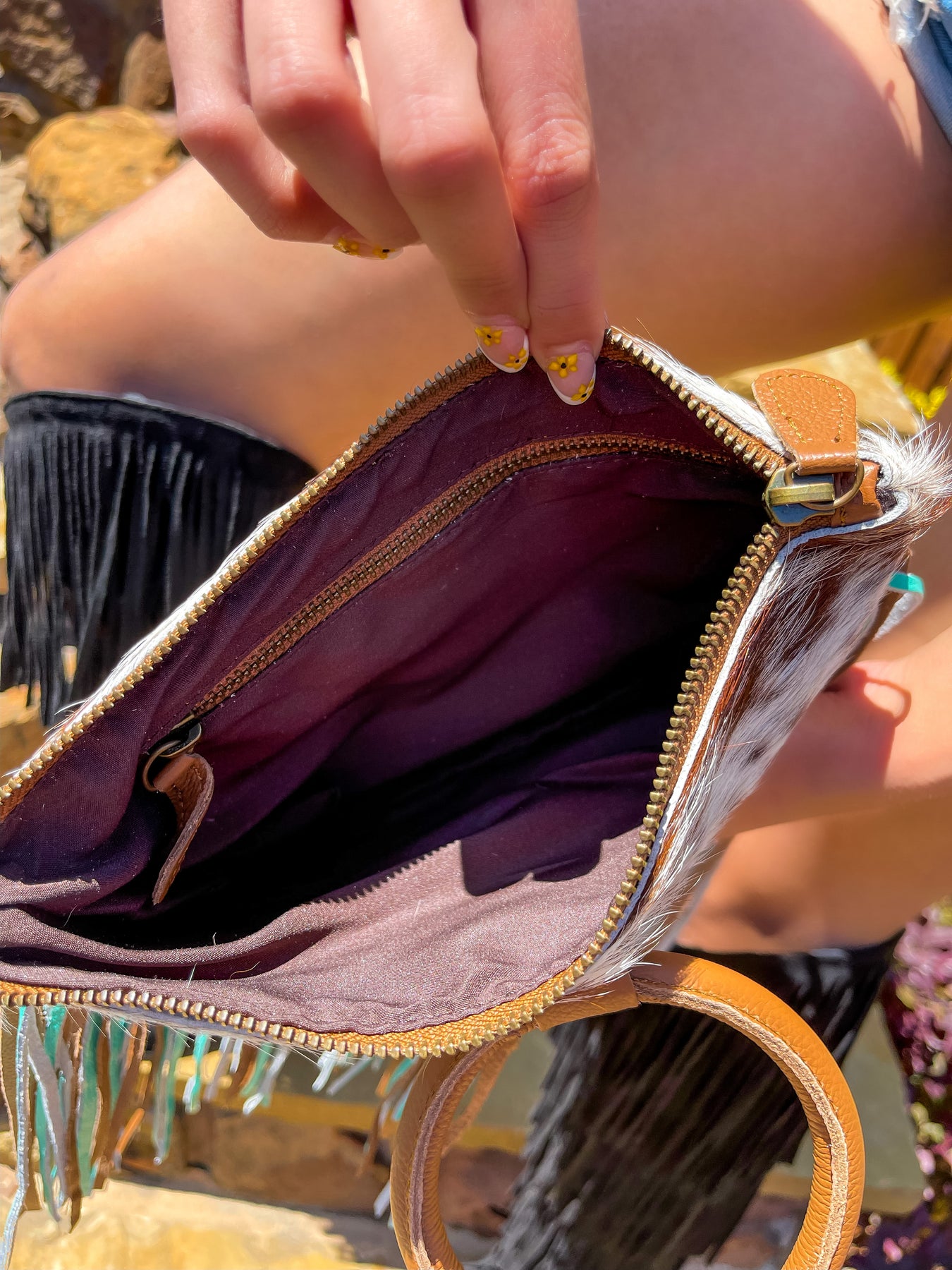 Sawyer G Upcycled Fringe Detail Cowhide Bag - Tan/Turquoise – Style Babes