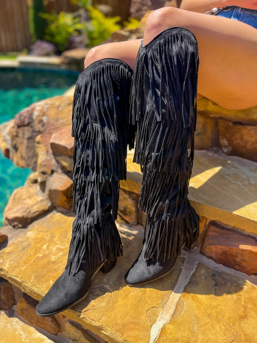 Beau Fringe Over The Knee Boots Black - Main Image