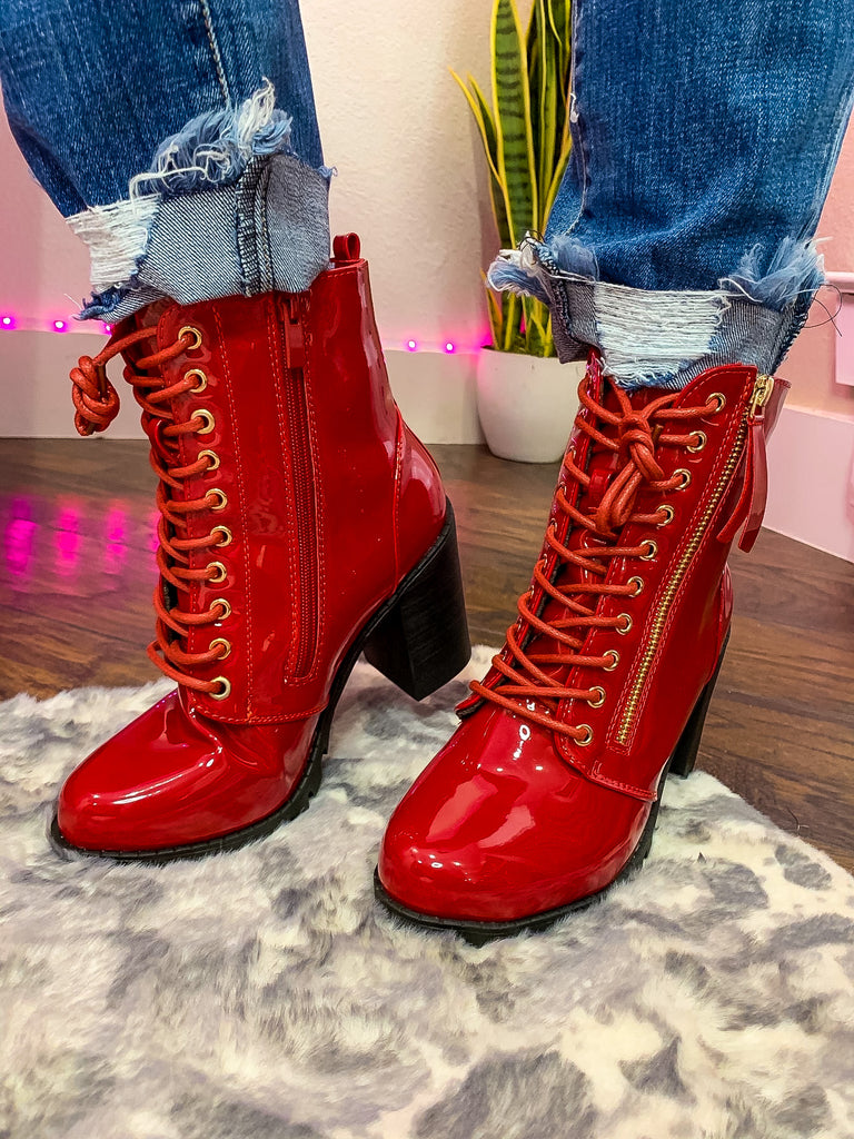 red patent lace up boots